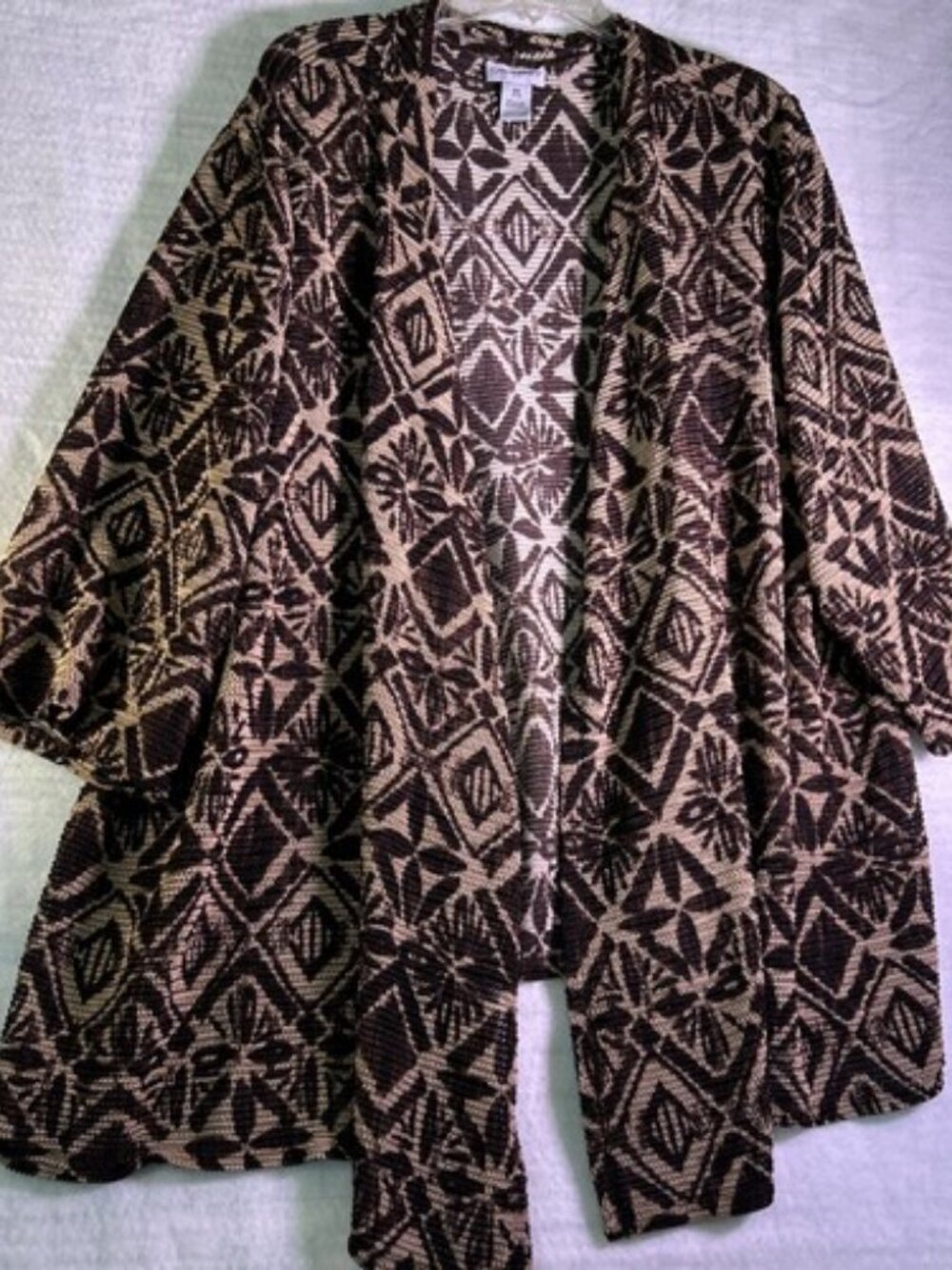 Catherines Crinkle Textured Cardigan Womens 3XL WP Brown Beige Open Boho Aztec